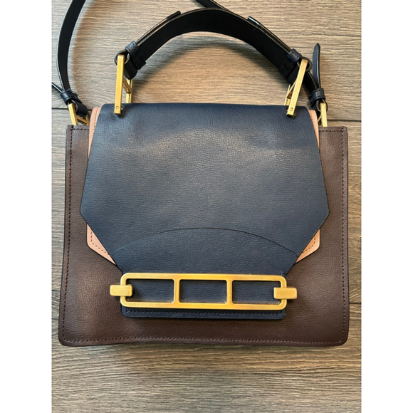 Zac Posen Katie Satchel Crossbody Leather Structured Top Handle Bag Purse Navy - Picture 6 of 16